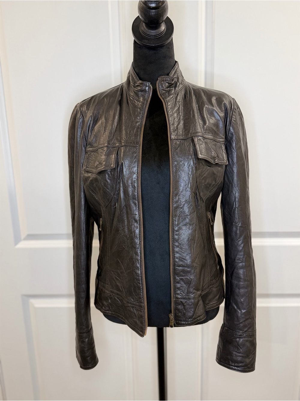 Women's Vintage Fiocchi Chocolate Brown Leather Zip-Front Jacket Italian Size 46 - Picture 2 of 15